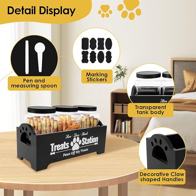 KarHoeGern Dog Treat Container for Countertop Dog Food Storage with 3 Plastic Treat Jars Wood Dog Food Container with Handles and Lids Farmhouse Practical Pet Cat Dog Treat Storage Containers (black)