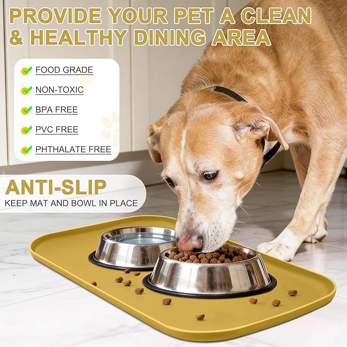 Silicone Pet Food Mat with Raised Edge for Food and Water Bowl, Dog Feeding Mats, Cat Food Trays for Floor Waterproof, Rubber Tray for Dogs and Cats, 19 x 12 x 0.7 Honey