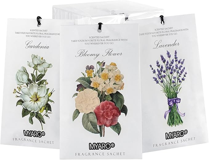 MYARO 12 Packs Scented Sachets for Drawer and Closet, Long-Lasting Potpourri Bags Closet Air Freshener Home Fragrance Sachet 3 Scents Options- Lavender, Bloomy Flower, Gardenia