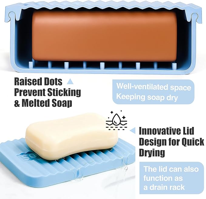 Oversized Silicone Soap Holder for Two Bars of Soap with lid – Leak Proo, Large Capacity, Durable, Impact-Resistant, Stain-Resistant, Fit Shampoo and Conditioner Bar Set (Light Blue)