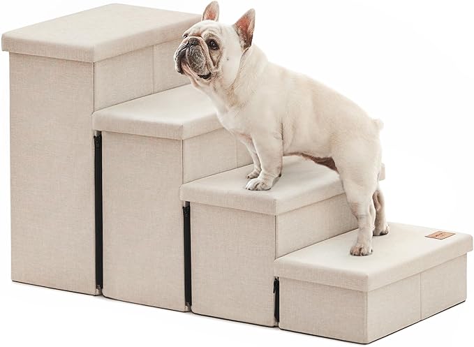 Love's cabin Dog Stairs for Small Medium or Large Dogs with Storage and Adjustable Steps, Foldable Pet Steps for Bed or Couch, 4-Step Beige Folding Cat Ramp with Zip up to 200 lbs,Beige