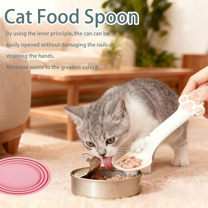Cat Dog Food Can Lids Spoons，Silicone Pet Food Can Lids with Multi-Function Cat Food Spoon and Opener Cute Paw Shape Opener Spatula Wet Food Spoon for Cats and Dogs (Gray)