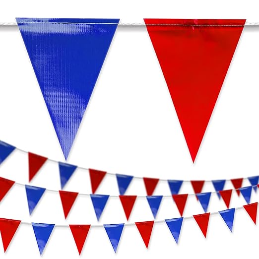 Blue & Red Pennant Banner Flags | Heavy-Duty Outdoor | OSHA 500lb Rated | Strand Fade Resistant 【102FT】