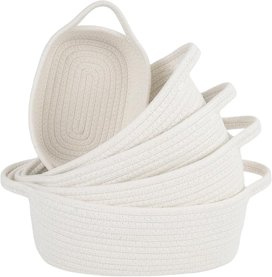 5-Piece Storage Shelf Basket Set, Natural Cotton Rope Woven Basket with Handles, Decorative Rectangle Organizer Bin for Home, Nursery, Montessori, Pet Toy Storage and Bathroom Organization, White