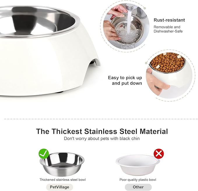 Petvillage Stainless Steel Dog Bowls Set – Dual Non-Slip Pet Dishes with 2 Small (4oz*2) Bowls & Durable Resin Stand,Food & Water Feeder for Kittens– White