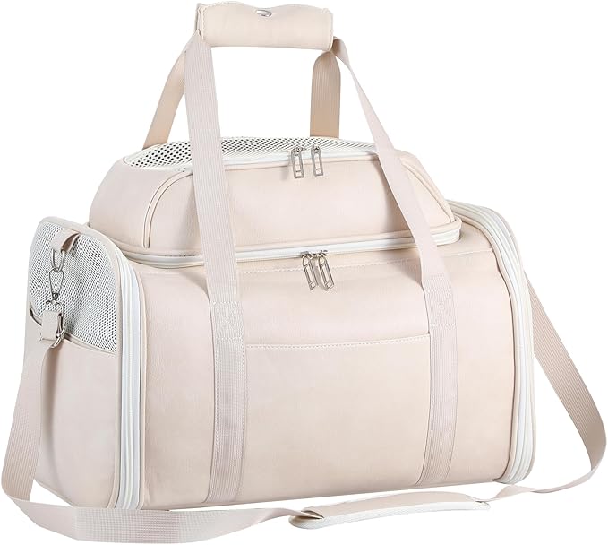 Bosnanller Premium Leather Top Expandable Pet Carrier for Small Dogs & Cats Under 15 lbs, Airline Approved Collapsible Soft-Sided Luxury Travel Bag Beige
