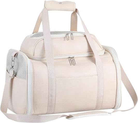 Bosnanller Premium Leather Top Expandable Pet Carrier for Small Dogs & Cats Under 15 lbs, Airline Approved Collapsible Soft-Sided Luxury Travel Bag Beige