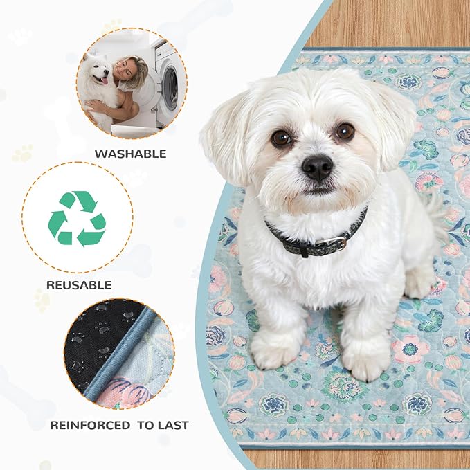 Lahome Washable Reusable Pee Pads for Dogs - Blue Botanical Floral 2 Pack Puppy Pads, Super Absorbent & Waterproof Dog Training Mats for Potty & Crate - Leakproof with Non-Slip Backing (36"x36")