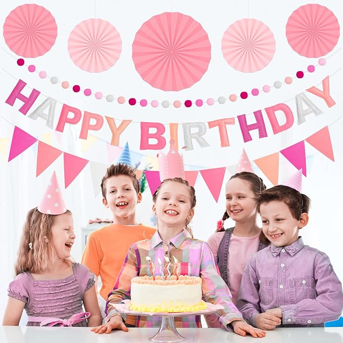 Pre-Strung 3D Felt Happy Birthday Banner, Reusable Pink Birthday Party Decorations for Women, Happy Birthday Sign with Felt Ball Garland, Pennant Flag, Hanging Paper Fans