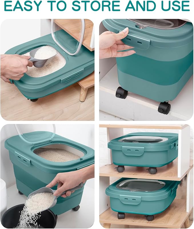 DDMOMMY 20-30 Lbs Rice Storage Container,Collapsible Food Storage Containers with Rolling Wheel Airtight Locking Lid,Flour Storage Container with Cup and Scoop,Suitable for Food,Rice,Pet Food,Flour
