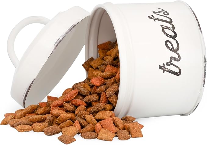 AuldHome Enamelware Cat Treat Container, Small White Rustic Pet Treats Jar