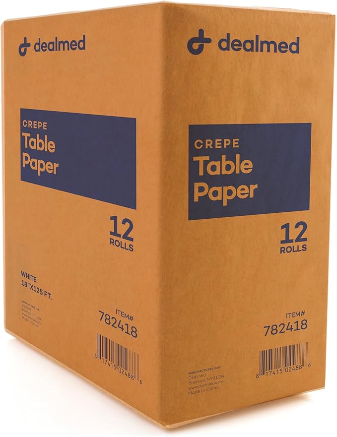 Dealmed Medical Exam Table Paper Roll | Disposable Covers for Doctors, Physicians, Diaper Changing, Waxing, Chiropractor, Tracing, Drawing, Coloring | Crepe, White, 18" x 125', 12 Rolls/Case
