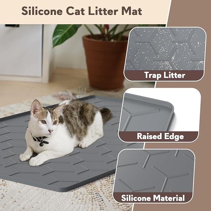 Garoopion Cat Litter Box Mat, Large 34" X 22" Cat Litter Mat, Waterproof Silicone Pad for Floor, Dark Gray