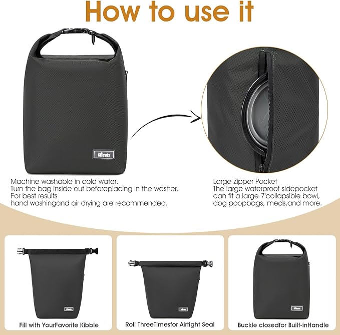 Dog Food Travel Bag,40-Cup Pet Food Storage Containers with 2PCS Collapsible Dog Travel Bowls,Waterproof Kibble Storage Container(Black, Large)