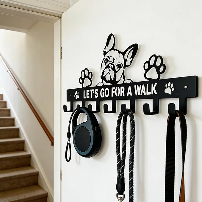 French Bulldog Leash Holder for Wall, Entryway Key Rack, Wall Key Holder & Key Hanger, Black Dog Leash Hooks for Front Door, French Bulldog Decor Accessories Gift, Dog Storage