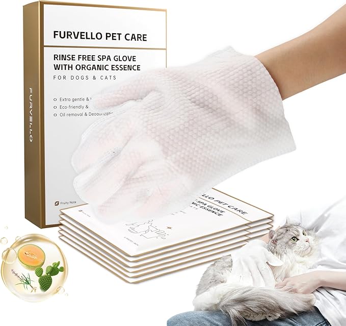 Nourishing & Deodorizing Pet Glove Wipes for Dogs & Cats, 4-in-1 Grooming Wipes (Clean, Comb, Massage, Nourish), 7 Plant Extracts, Extra Thick, Hypoallergenic, Lick-Safe, Fruity Note, 6PCS