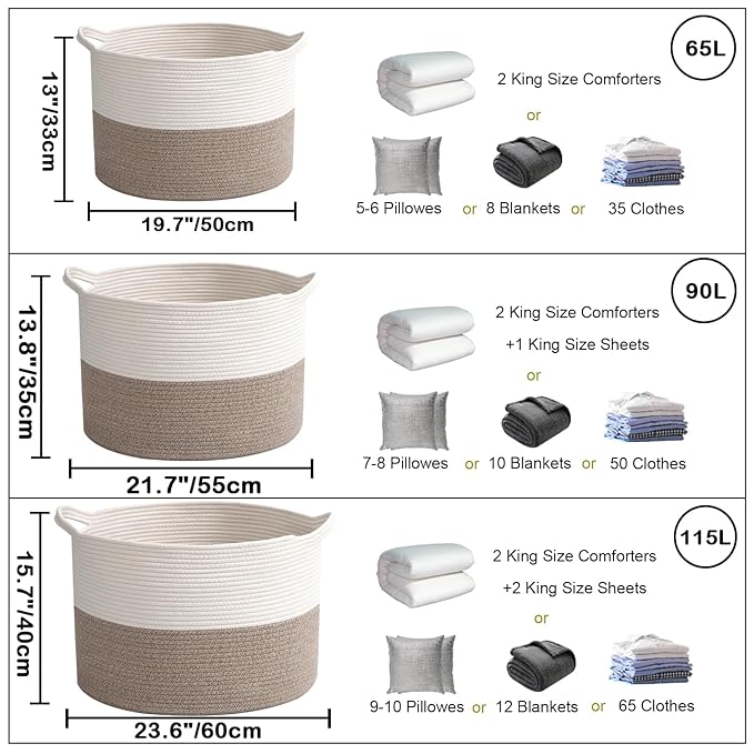 90L Extra Large Woven Cotton Rope Blanket Basket with Handles, Laundry Hamper Storage Bin for Pillows, Clothes, Bedroom and Living Room Organization, White & Brown