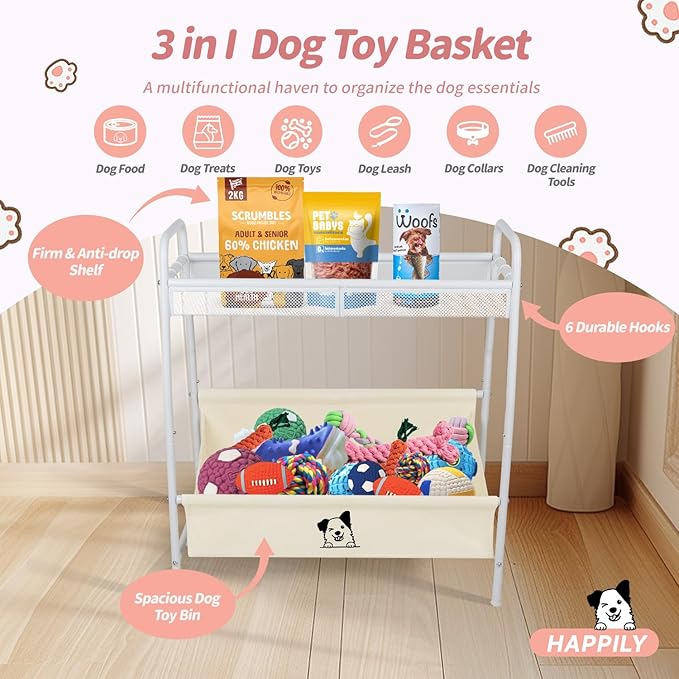Large Dog Basket, Metal Oxford Puppy Bin with Storage Organizer, Trapezoid Doggy Bin for Living Room for Dog Lovers, White
