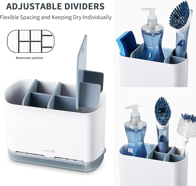 JOMOLA Dish Brush Caddy for Kitchen Sink Toothbrush Holders for Bathrooms Sink Sponge Holder Kitchen Counter Scrub Soap Brush Organizer Sinkware Caddy with Drain Tray Dividers (Gray)