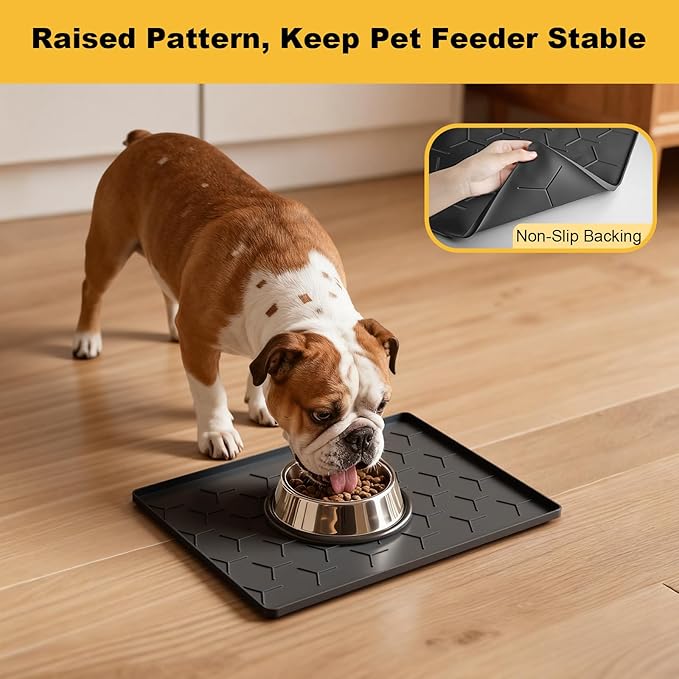 Pieviev Dog Cat Food Bowl Mat, Silicone Waterproof Food Grade Pet Food Mat for Floor, High Raised Edge to Prevent Spills, Non-Slip & Easy Clean Pet Placemat for Dog & Cat Bowls, 16''x12'', Black