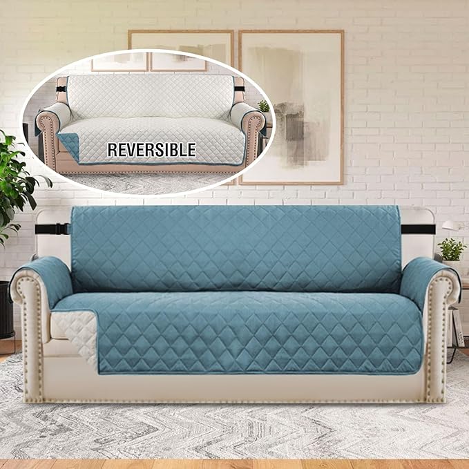 H.VERSAILTEX Reversible Couch Cover for 3 Cushion Couch Water Resistant Sofa Cover Seat Width Up to 66" Washable Furniture Protector Cover for Dogs/Cats/Pets(Sofa, Cameo Blue/Beige)