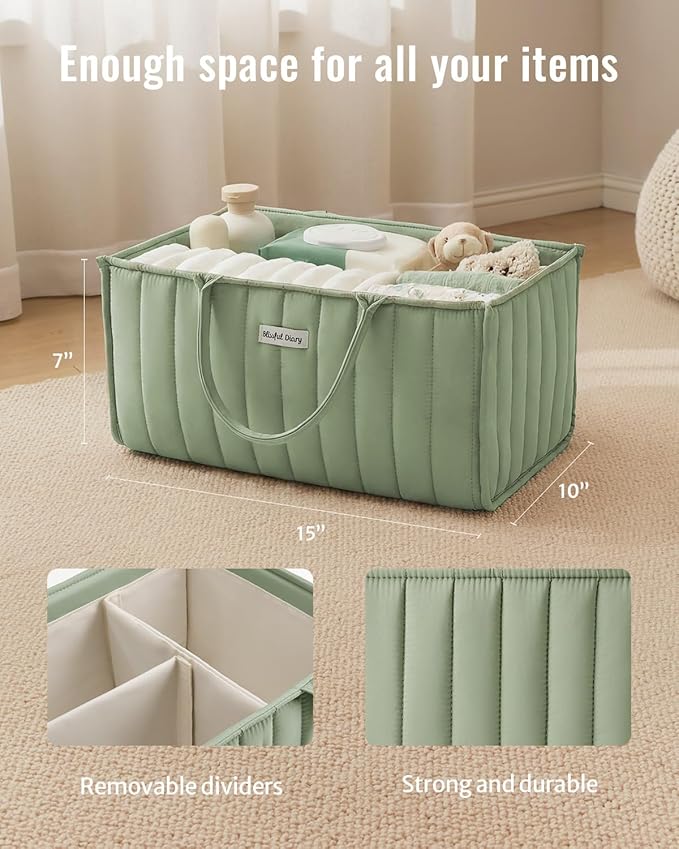 Blissful Diary Baby Diaper Caddy Organizer, Stylish Storage Basket for Newborn Essentials and Diaper Station, Gift for Baby Shower and Registry Must-Have, Sage Green