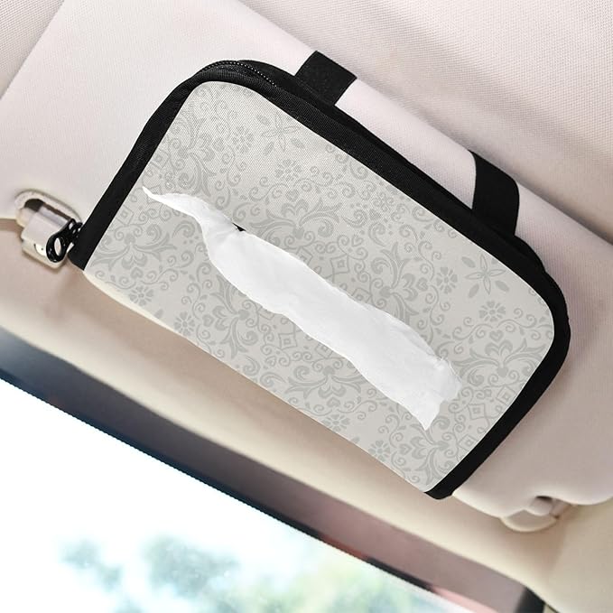 Car Tissue Holder Car Napkin Holder Car Tissue Box Dispenser Storage Case Sun Visor Mask Holder with Adjustable Straps Reusable Refillable White Floral Mandala