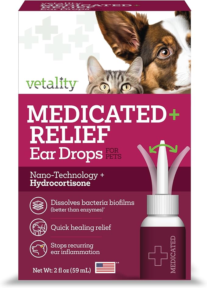 Vetality Medicated Otic Drops for Dog Ear Infection Treatment, 2 fl oz