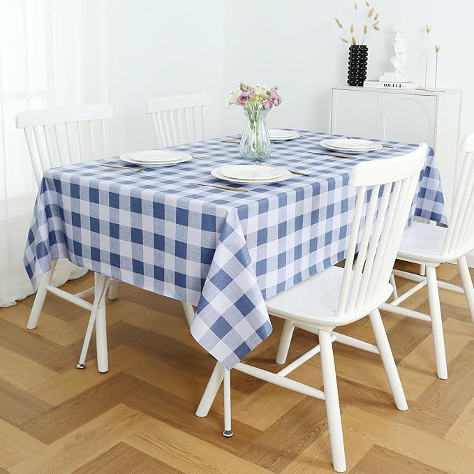 Romanstile Gingham Rectangle Plastic Tablecloth, 100% Waterproof Checkered PVC Table Cloth, Heavy Duty Vinyl Table Cover for Dining, Camping, Picnic, Outdoor - 52 x 70 Inch, Light Blue and White
