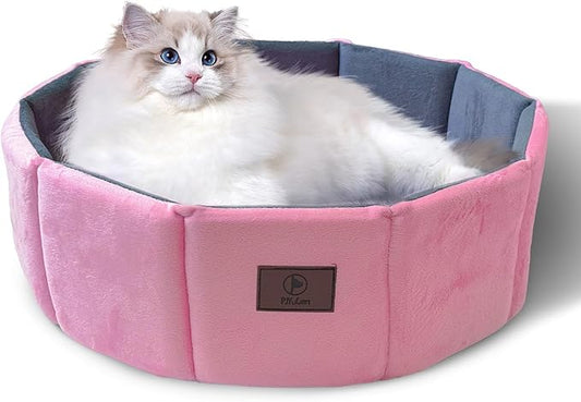 PJYuCien Cat Bed Kitten Bed, Washable Round Cat Beds for Indoor Cats, Super Soft Faux Rabbit Fur Small Bed for Puppy and Kitten, Fluffy Inner Mat Filling Memory Foam with Anti-Slip Bottom (Pink)
