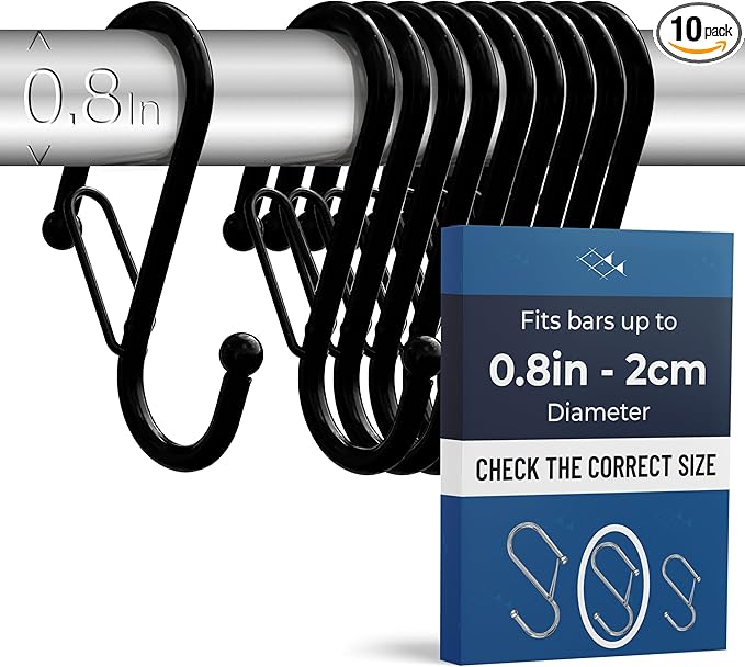 10-Pack Metal S Hooks for Hanging – Heavy-Duty S-Shaped Hook with Safety Buckle – Fits Bars up to 0.8 in – Anti-Drop S-Hooks for Kitchen, Bathroom, Closet & Pot Racks – Black (Medium)