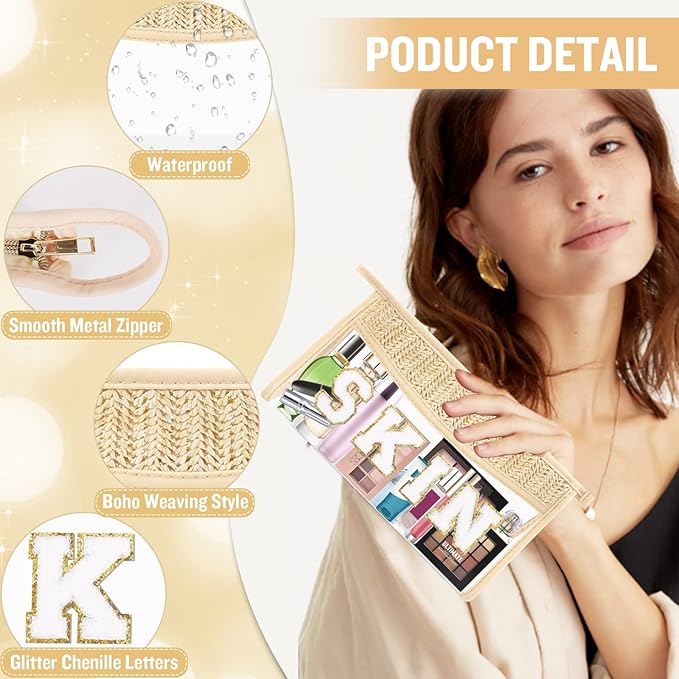 Clear Makeup Letter Patch Makeup Bag SKIN Pouch, Boho Clear Toiletry Bags Travel Small Cute Stadium Chenille Letter Cosmetic Zipper Pouch Purse, Women Transparent Waterproof Makeup Organizer Bag(SKIN)