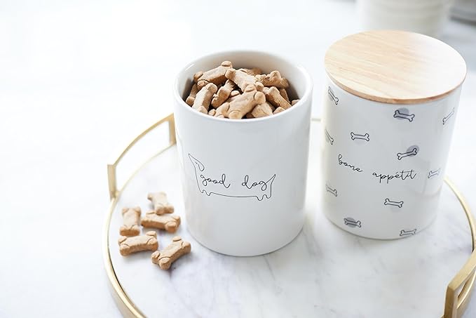 Pearhead Good Dog Ceramic Treat Jar with Airtight Wooden Lid – Modern Neutral Pet Treat Canister Keeps Snacks Fresh – Stylish Countertop Storage, 4 Cup / 32 oz