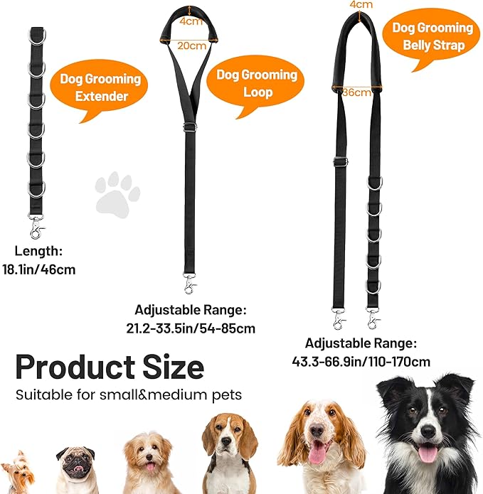 Dog Grooming Belly Strap - Dog Grooming Loops for Table Arm Extender with Clamp Extension Loop Bathing Restraint Leash No Sit Haunch Holder for Small & Medium Dogs Hair Cutting Washing (Black)