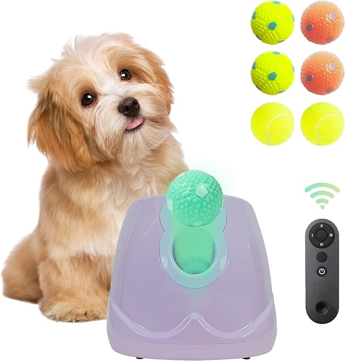 Dog Ball Throwing Machine Automatic for Small to Medium Sized Dogs, Dog Interactive Toy Pet Ball Launcher with Balls (Purple with Remote Control)