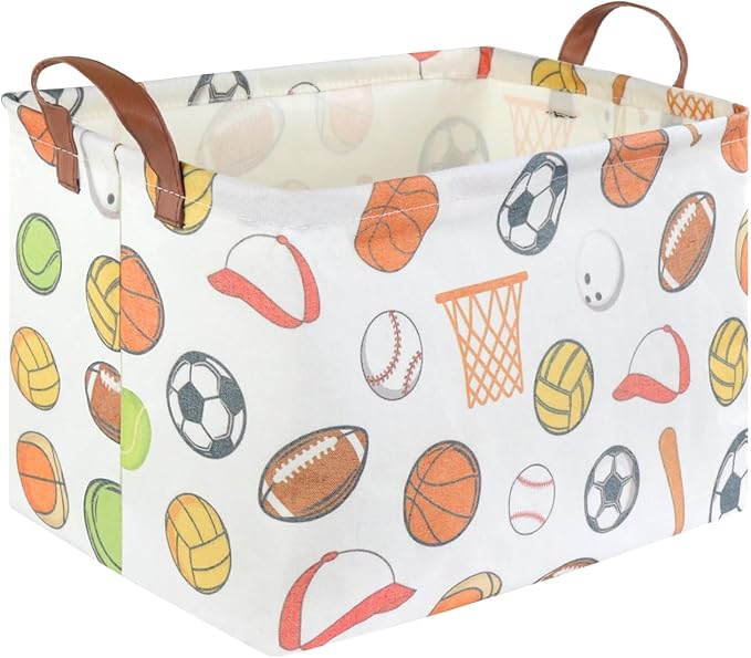 FXOCSHE Rectangular Ball basket,Kids Storage Bins, Foldable and waterproof canvas kids basket organizer, Boys toy box,boys Room Decor,shelf basket(Ball game)