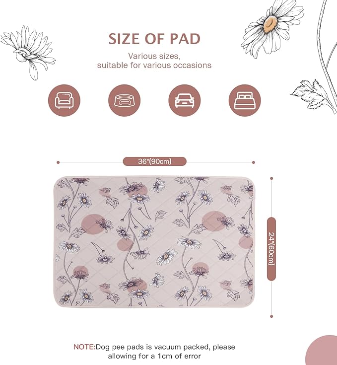 IEUUMLER Washable Pee Pads for Dogs, 2 Pack Non-Slip & Waterproof Pack Whelping Pad, Reusable Washable Puppy Potty Training Pad with Fast Absorbent for Playpen EU007 (Pink Daisy, 36"X24"-2pcs)