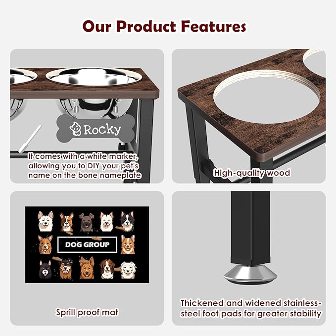 SHAINFUN Elevated Dog Bowls with Slow Feeder & Mat for Medium and Large Dogs, 16" Tall Adjustable Wooden & Metal Raised Dog Bowl Stand, 2 Stainless Steel 58oz Bowls for Food & Water