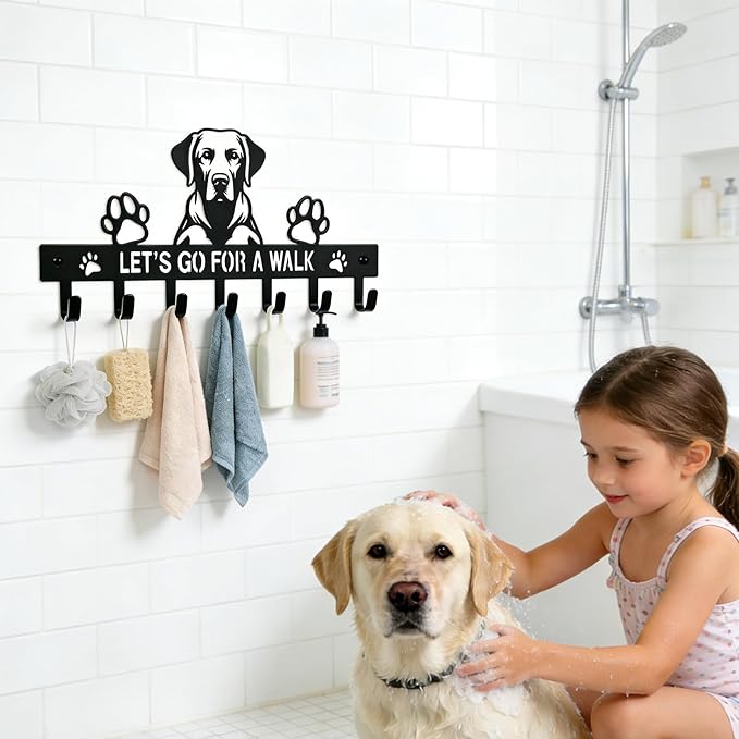 Labrador Key Holder Wall Mount, Dog Leash Holder with 7 Hooks, Metal Key Rack for Entryway Front Door, Black Wall Key Hanger, Labrador Decor Accessories Gift, Decorative Dog Storage Organizer