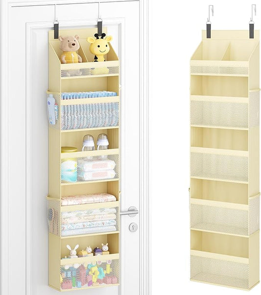 Lifewit 5 Tier Over the Door Diaper Organizer for Nursery, Large Heavy Duty Hanging Storage with 4 Mesh Side Pockets, Sturdy Back of Door Shelf for Baby Stuff Toy in Pantry, Laundry, Bathroom, Beige
