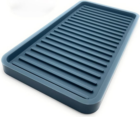 Happitasa Silicone Kitchen Sink Organizer Tray, Sponge Holder and Countertop Protector | Bathroom and Kitchen Soap Dish and Dispenser Tray (Smoky Blue, 10"x5.25")