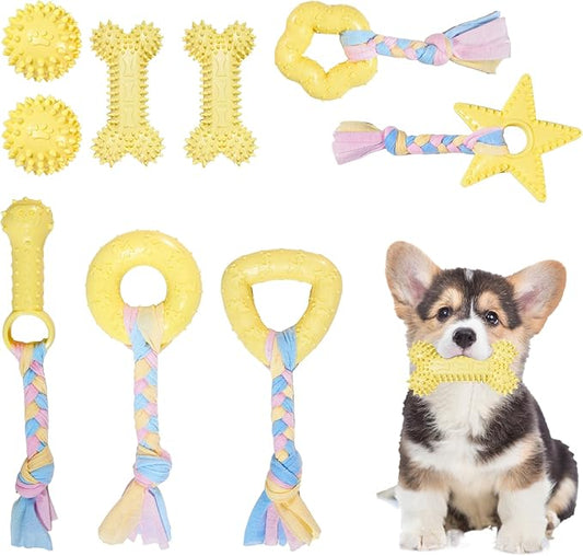 Puppy Toys, Puppy Teething Toys, 9 Pack Soft Durable Rubber Interactive Pink Puppy Chew Toys for Teething to Soothe Gums and Keep Busy, Cute Puppy Essentials (Yellow)