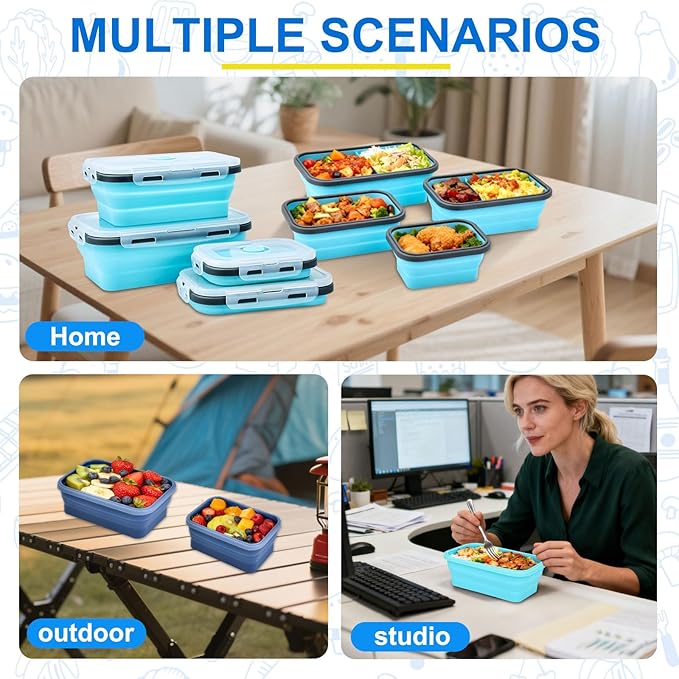 4 Set Collapsible Food Storage Containers Silicone Lunch Container with Lids Collapsible Lunch Box Food for Camper Leftovers Snacks Meals Dorm Kitchen Microwave Dishwasher and Freezer Sky Blue