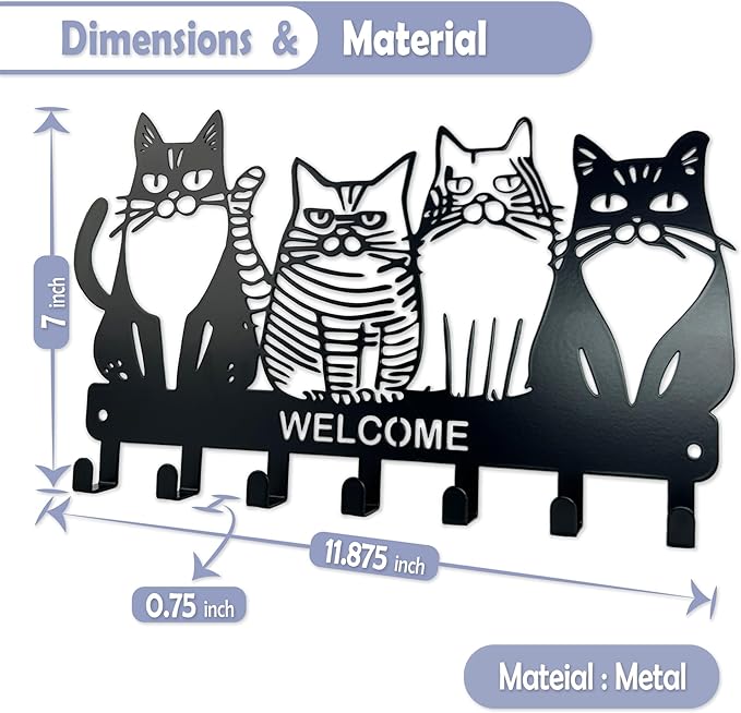 Key Holder for Wall, 11.88'' x 7'' Black Metal Cat Shape Decoration Key Hook Wall Mount Key Rack Hanger Storage Organizer with 7 Hooks for Home Doors Entryway Kitchen Garage Decor