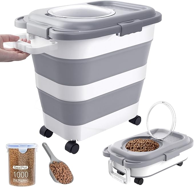 DDMOMMY 25-28 Lbs Dog Food Storage Container with Handle, Collapsible Dog Food Container with Airtight Lids, Wheels, Large Pet food storage Container for Dog Cat,Dog Food Scoop,Small Container