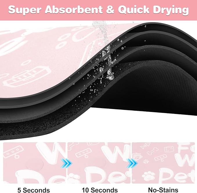 Pet Feeding Mat,Dog Cat Mat for Food and Water,Dog Bowl Waterproof Placemat with Rubber Backing,Absorbent Quick Dry Water Dispenser Mat for Pet（Pink 17"×29"）