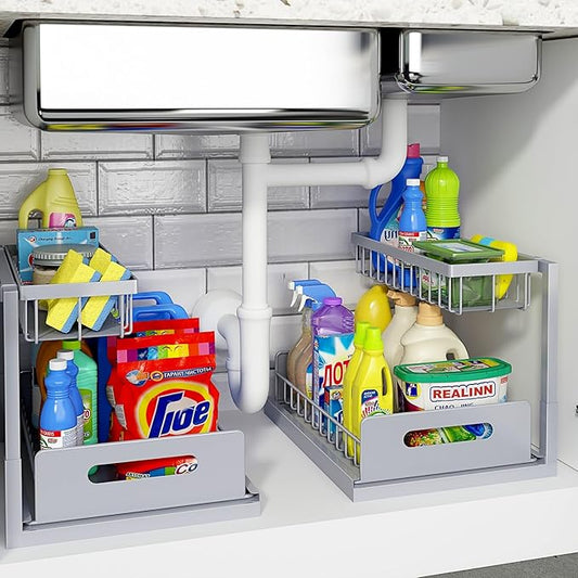 REALINN Under Sink Organizer, Pull Out Cabinet Organizer 2 Tier Slide Out Sink Shelf Cabinet Storage Shelves, Storage for Kitchen Bathroom, Grey, 2 Pack