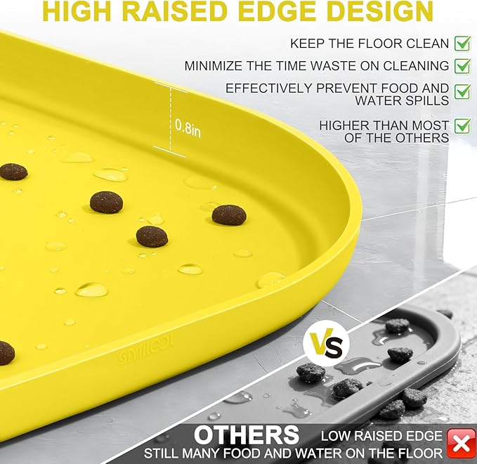 Silicone Pet Food Mat with Raised Edge for Food and Water Bowl, Dog Feeding Mats, Cat Food Trays for Floor Waterproof, Rubber Tray for Dogs and Cats, 24 x 16 x 0.8 Light Yellow