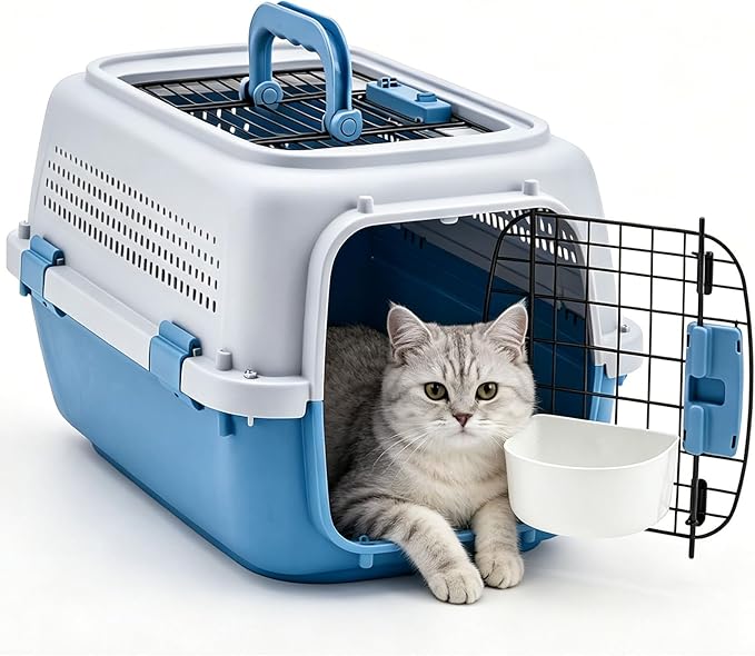 NEWBULIG 23" Hard-Sided Dog Carrier, Plastic Cat & Dog Crate, 4-Sided Ventilation Travel Pet Kennel, Top & Front Door Access, Integrated Food Bowl, for Small Pets up to 22 lbs, Blue
