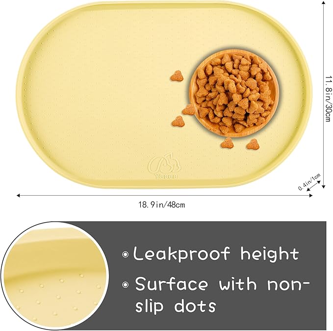 100% Waterproof 0.5" Raised Edge BPA Free Silicone Dog Food Mat, Pet Cat Feeding Mats Contain Spills Protects Floors, Placemats for Cats and Dogs Water Bowl Dishwasher.(Small, Yellow)
